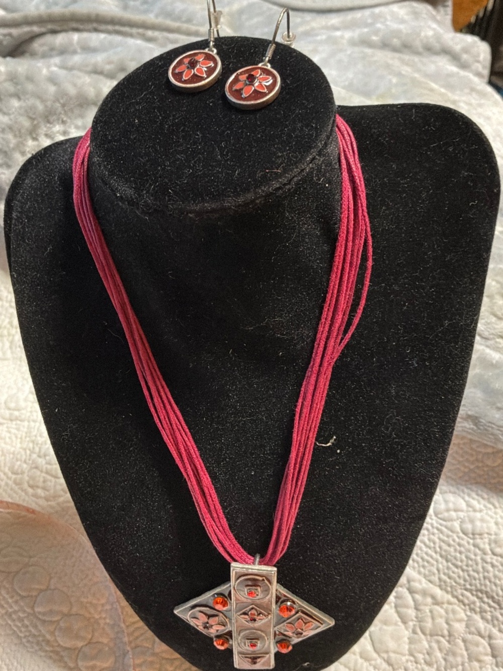 Vintage Budapest Hungary Enamel Jewelry Set - Boho Red Multi-Strand Necklace & E